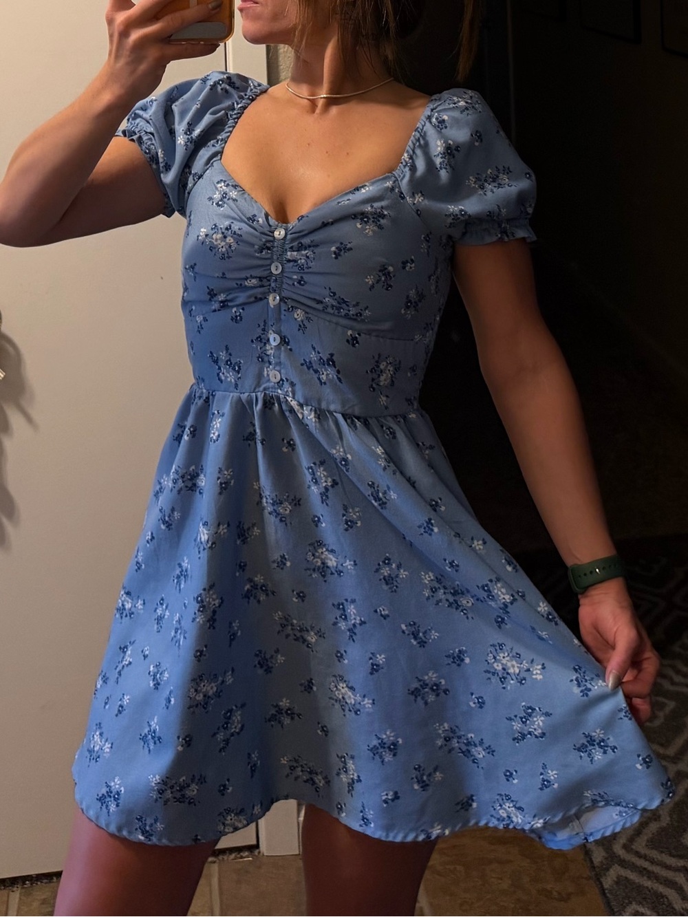 Charlotte Russe Light Blue Floral 1/4 Button Up Puff-Sleeve Mini Dress